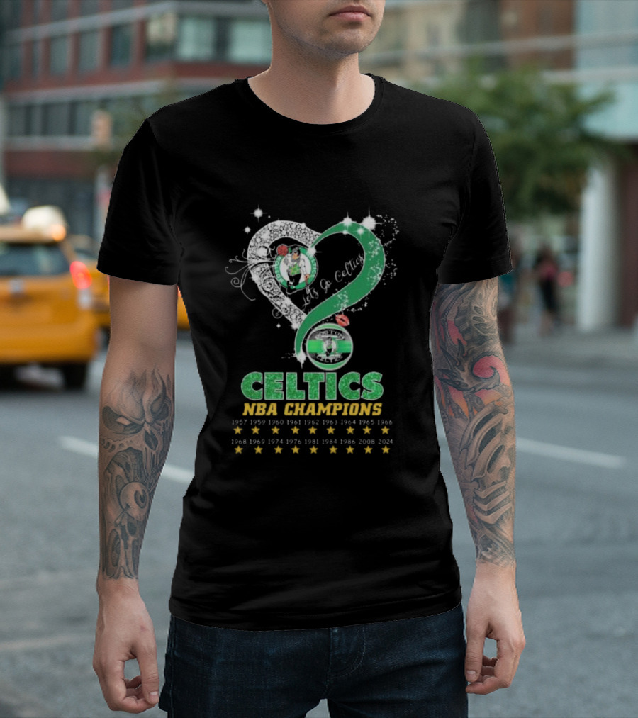Boston Celtics Let's Go Celtics NBA Champions 1957-2024 Heart Diamond Stars T-Shirt
