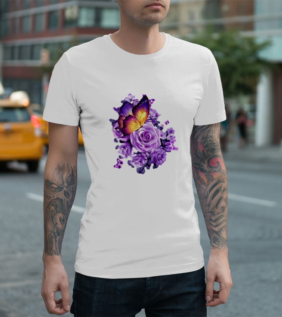 Butterfly Purple Rose Blossoms Floral Arrangement T-Shirt