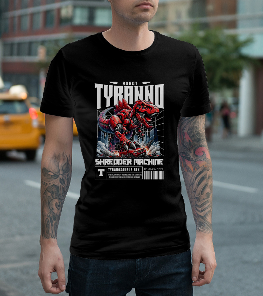 Robot Tyranno Shredder Machine Colossal Cybernetic Tyrannosaurus Rex Rampaging Through The City T-Shirt