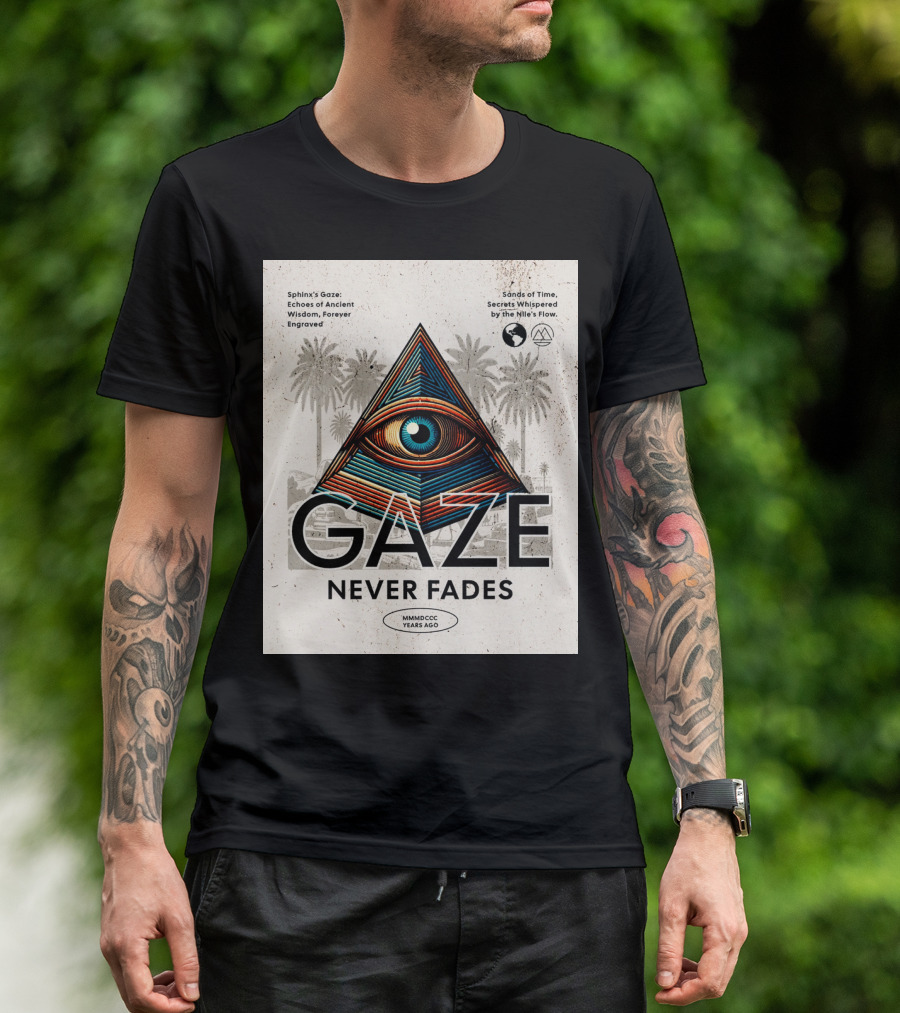 Gaze Never Fades Sphinx's Gaze Echoes Of Ancient Wisdom Forever Engraved Sands Of Time Secrets Whispered By The Nile's Flow MMMDCCC Years Ago T-Shirt