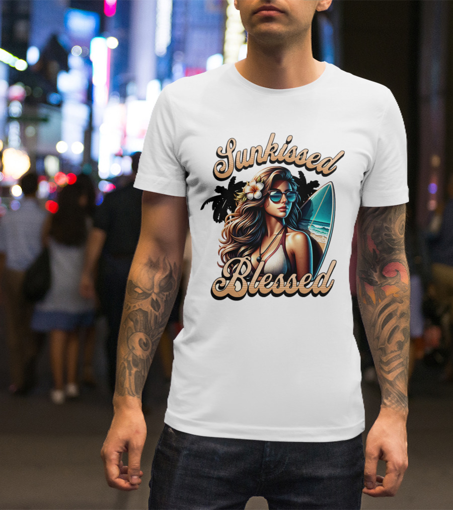 Sunkissed Blessed Surfer Girl In Sunglasses With Surfboard And Flower In Hair T-Shirt