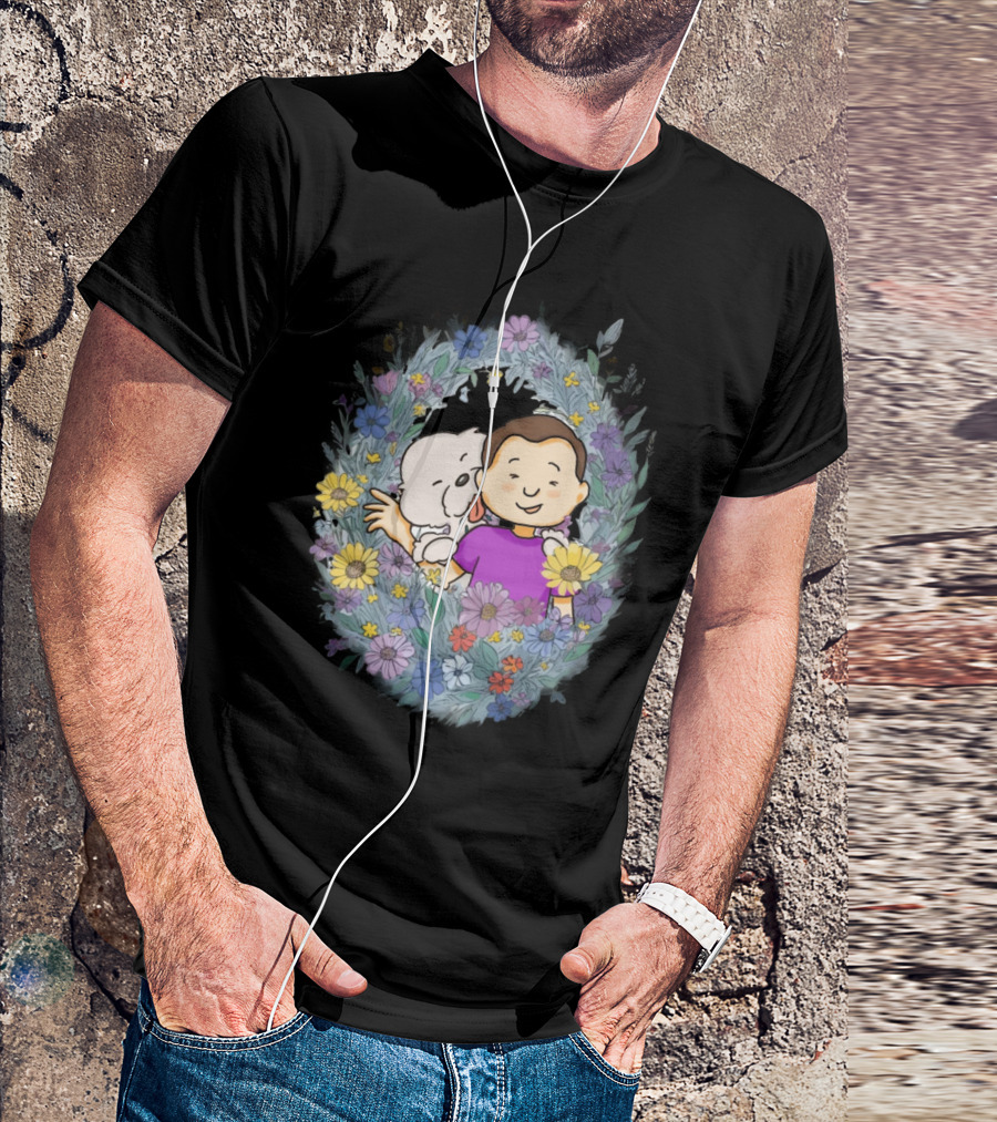 Dog Dad With Child And Dog Surrounded By Floral Wreath T-Shirt