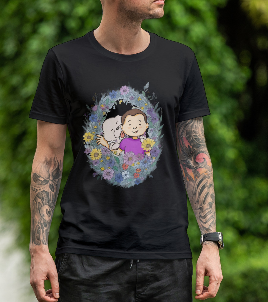 Dog Dad With Child And Dog Surrounded By Floral Wreath T-Shirt