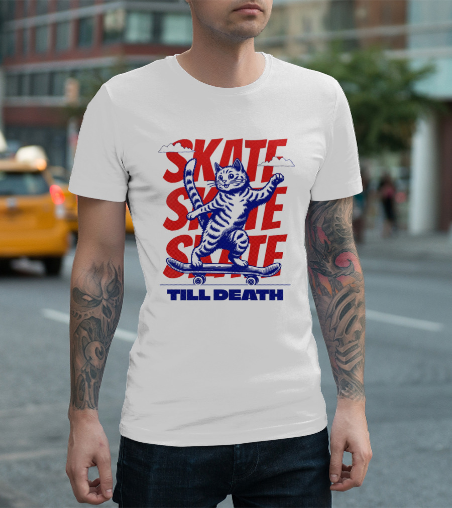 Skate Till Death Cat Riding Skateboard T-Shirt
