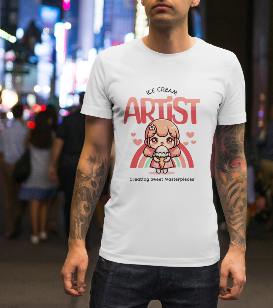 Ice Cream Artist Creating Sweet Masterpieces Kawaii Girl With Hearts And Rainbow T-Shirt