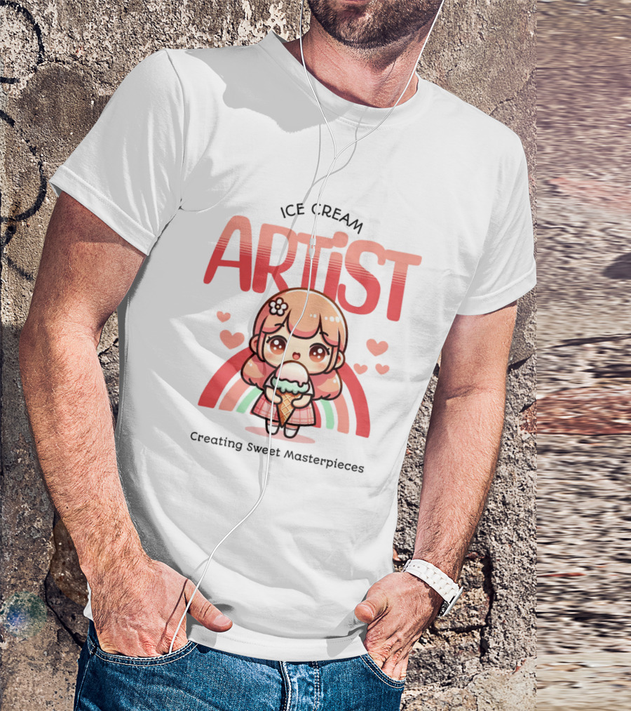 Ice Cream Artist Creating Sweet Masterpieces Kawaii Girl With Hearts And Rainbow T-Shirt