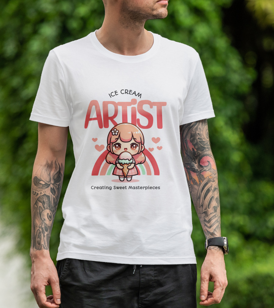 Ice Cream Artist Creating Sweet Masterpieces Kawaii Girl With Hearts And Rainbow T-Shirt