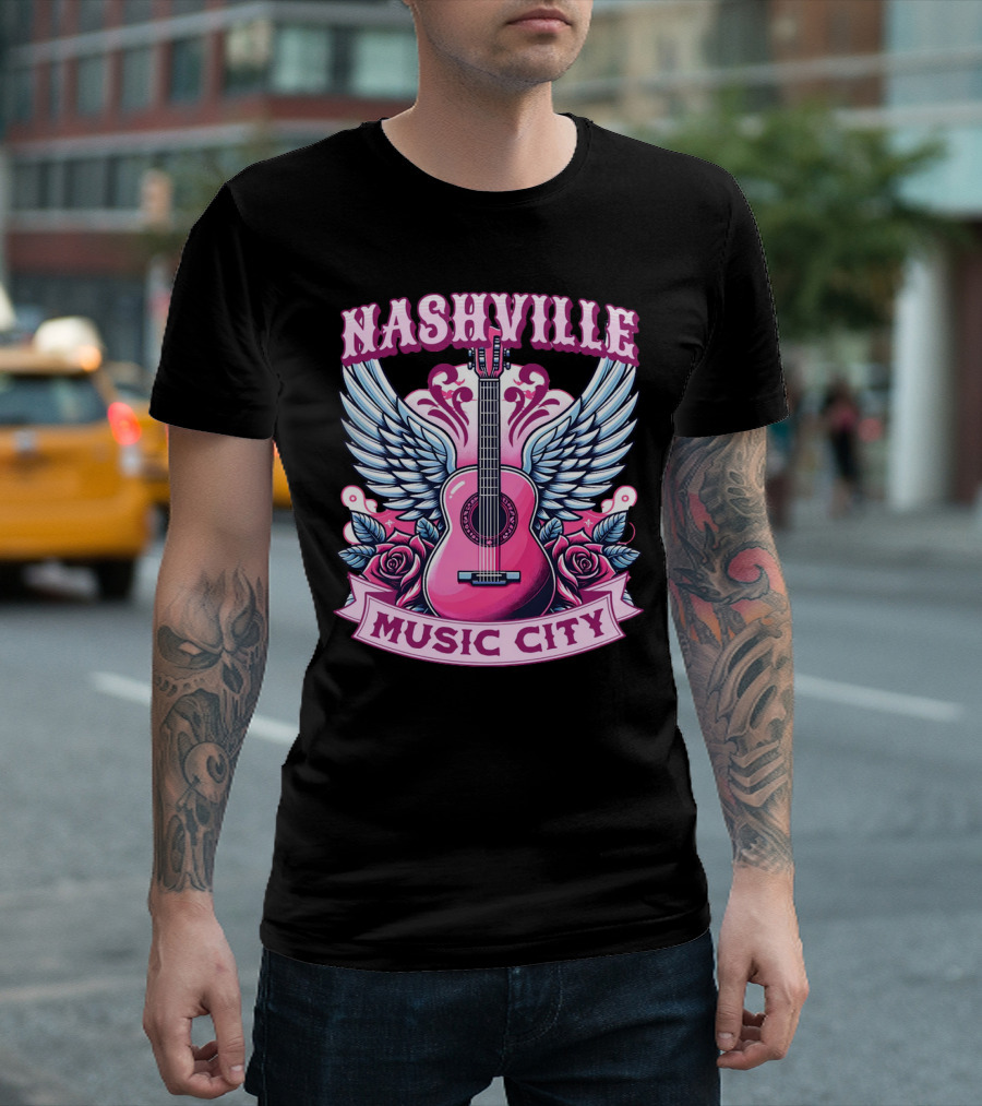 Nashville Music City Pink Guitar Wings Roses T-Shirt