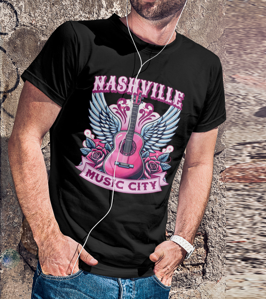 Nashville Music City Pink Guitar Wings Roses T-Shirt