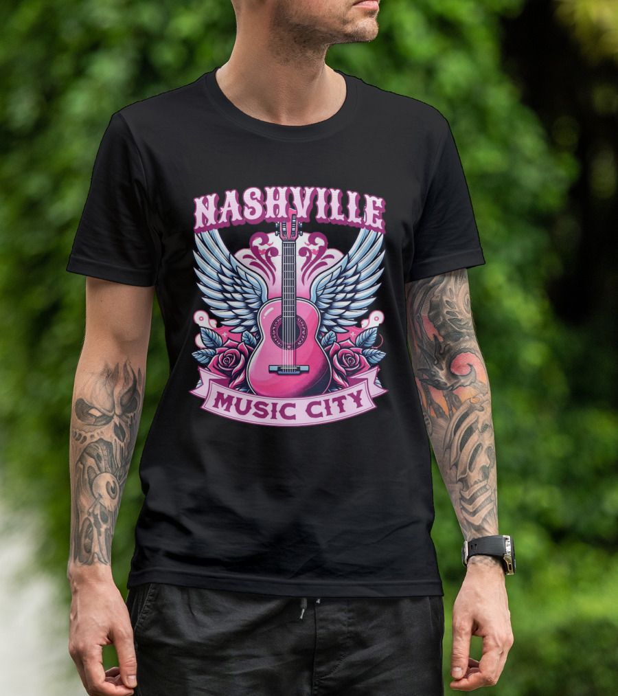 Nashville Music City Pink Guitar Wings Roses T-Shirt