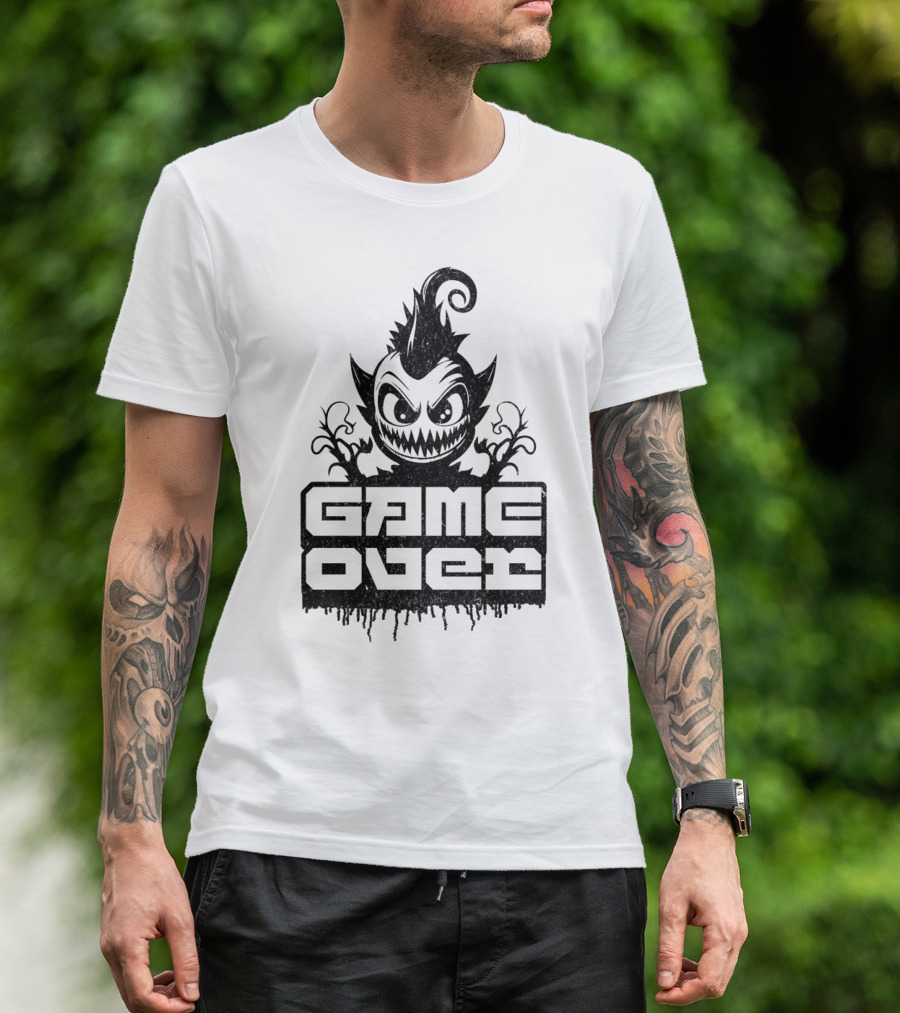 GAME OVER Creepy Monster Icon With Sharp Teeth And Spiky Hair T-Shirt
