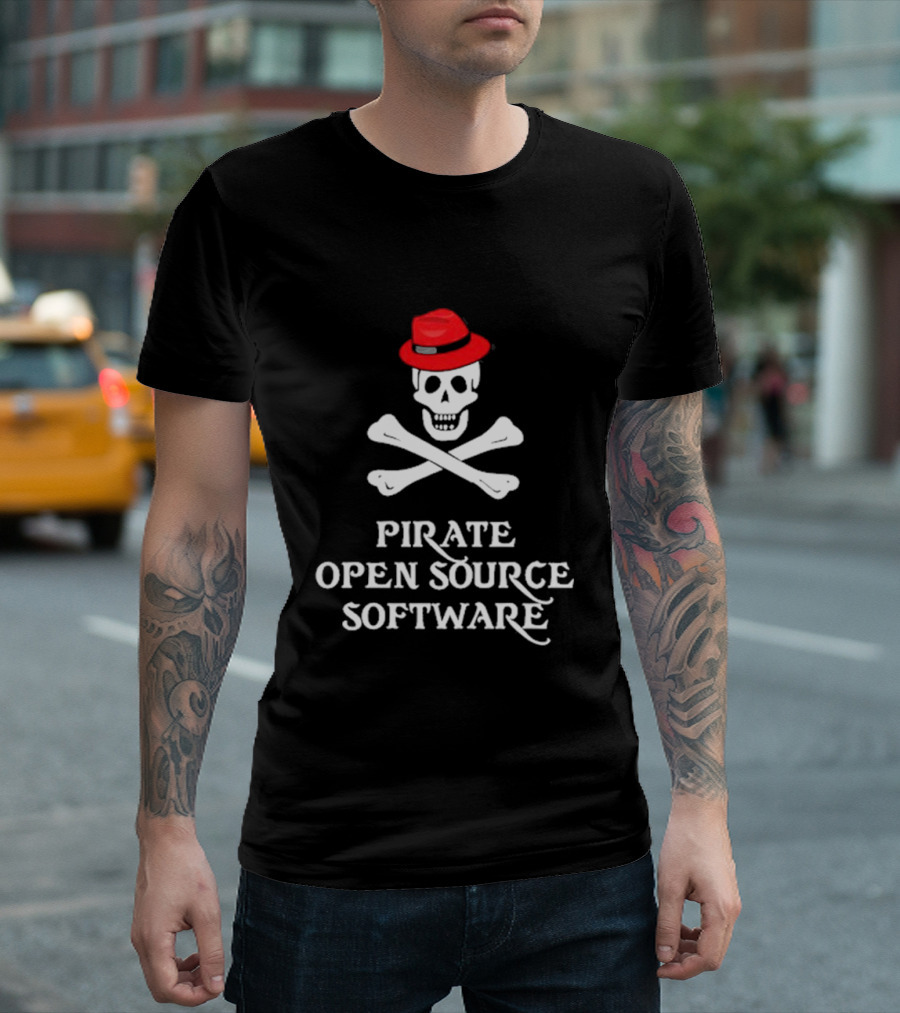 Jeff Geerling Pirate Open Source Software Skull with Red Hat T-Shirt