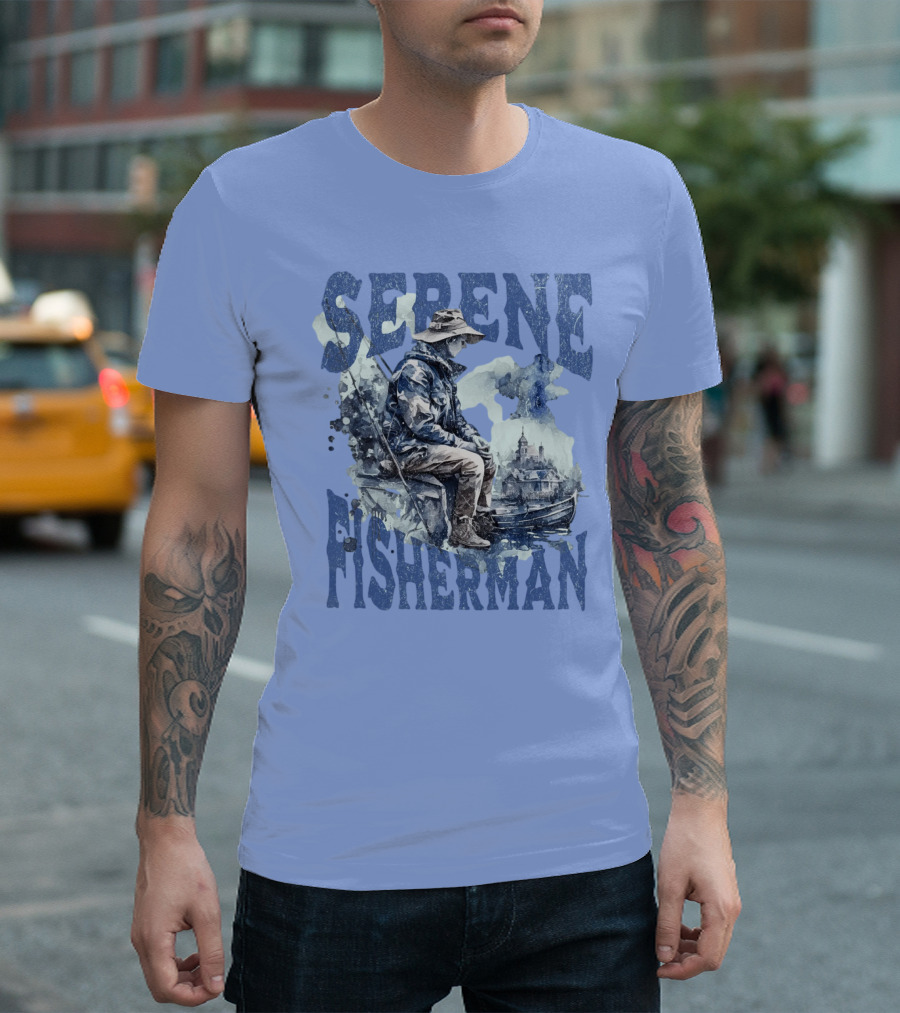 Serene Fisherman In Tranquil Lakeside Town With Boat And Reflection T-Shirt