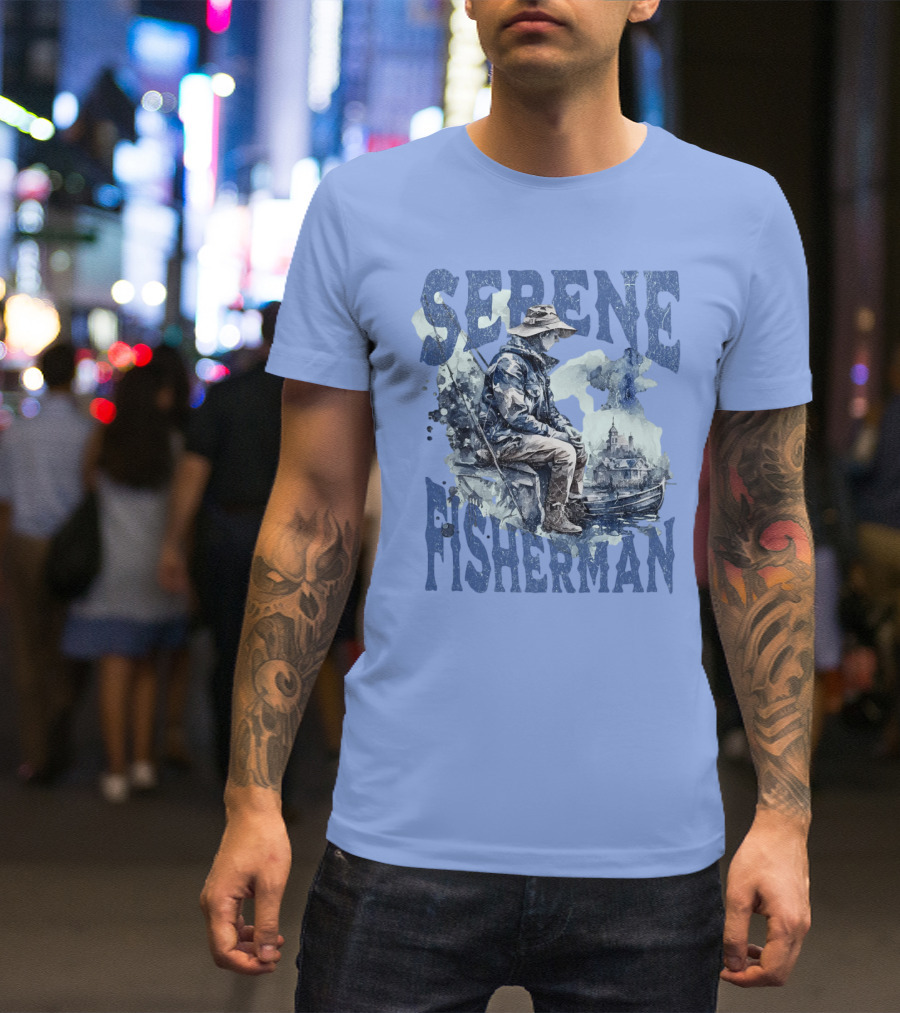 Serene Fisherman In Tranquil Lakeside Town With Boat And Reflection T-Shirt