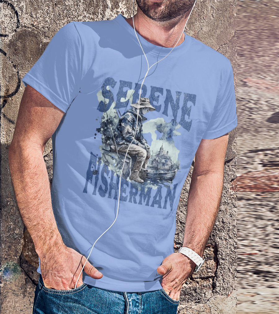 Serene Fisherman In Tranquil Lakeside Town With Boat And Reflection T-Shirt