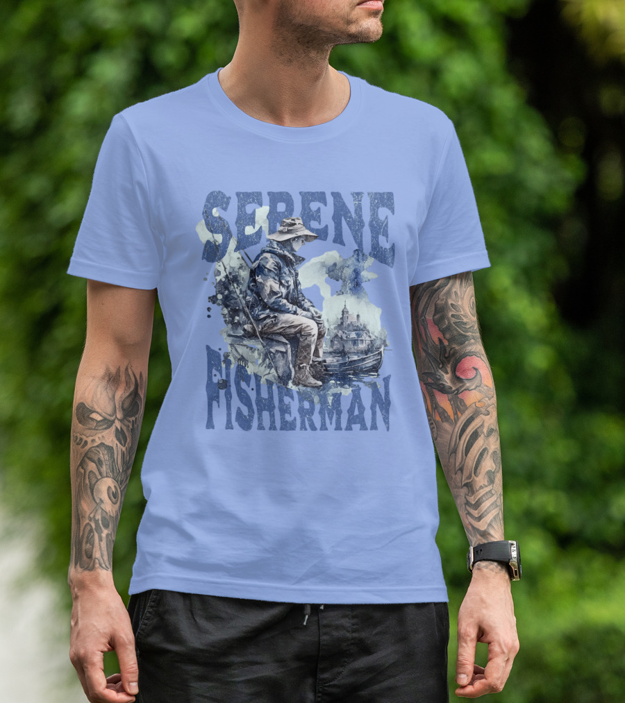 Serene Fisherman In Tranquil Lakeside Town With Boat And Reflection T-Shirt