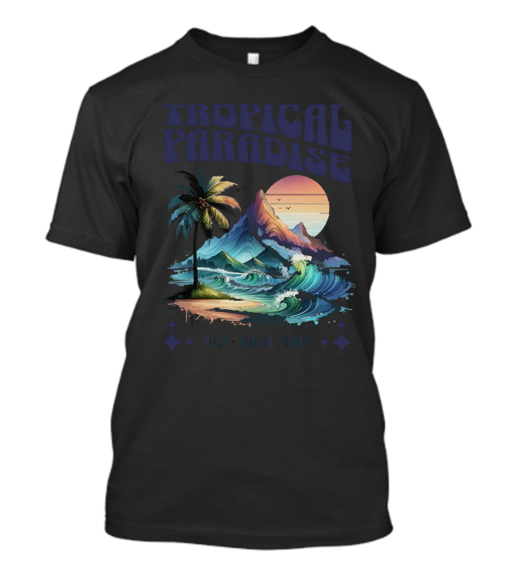 Tropical Paradise Palm Waves Island Horizon Sunset T-Shirt