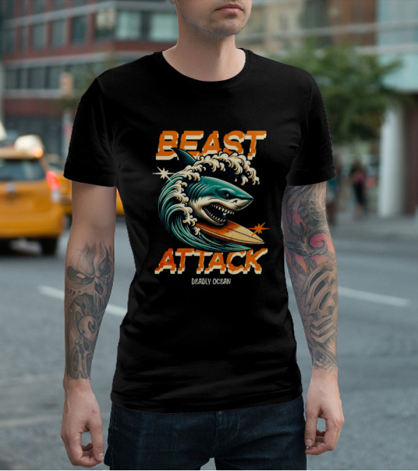 Beast Attack Deadly Ocean Shark Wave Surfboard T-Shirt