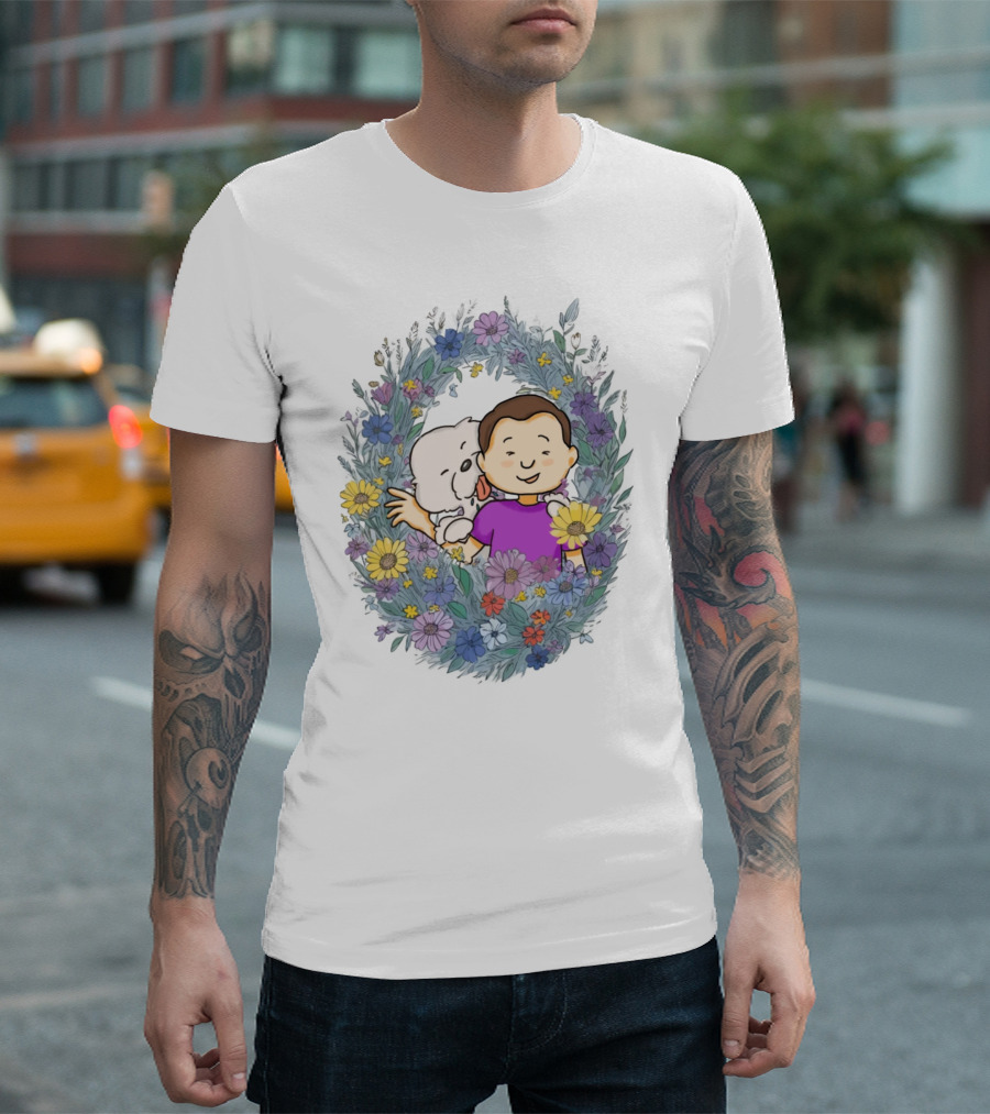 Dog Dad Cartoon Embrace In Floral Frame T-Shirt