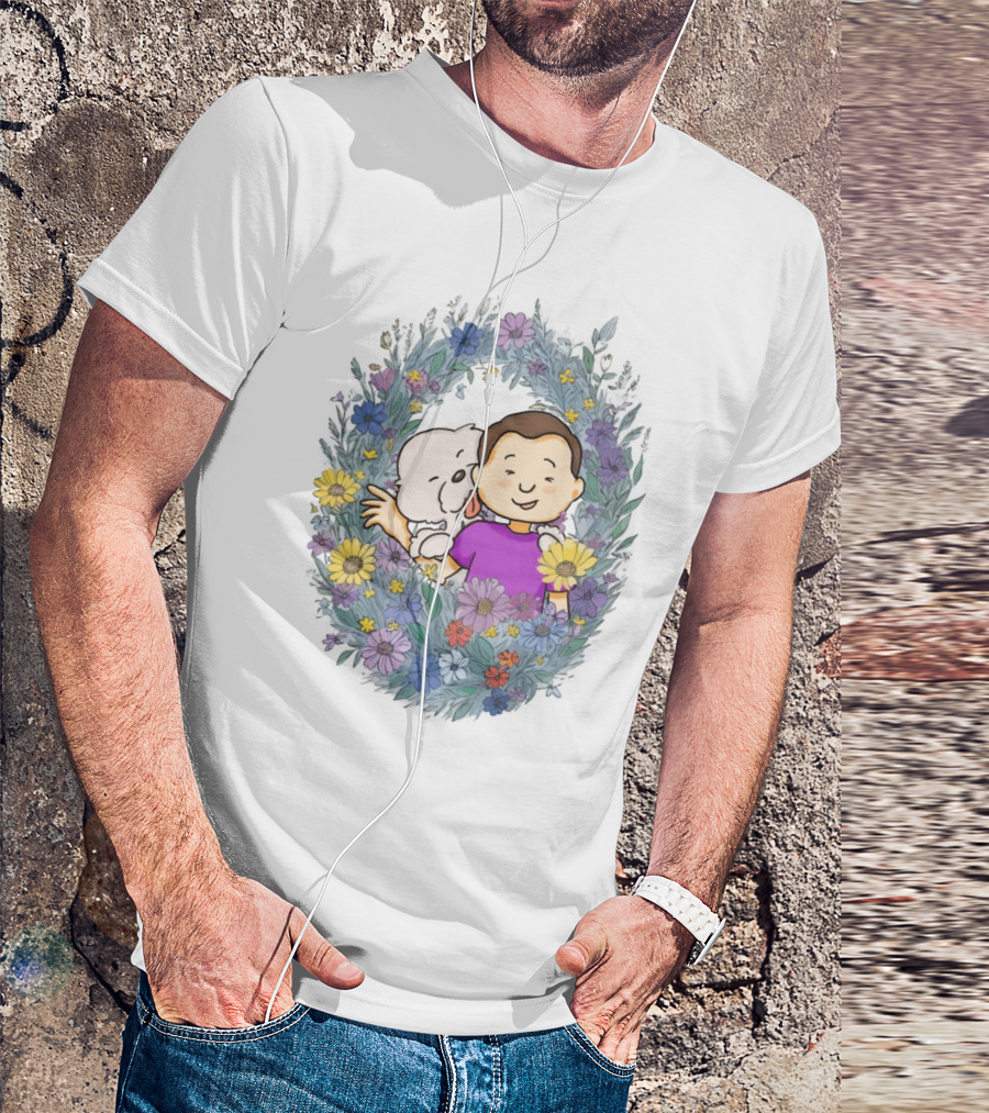 Dog Dad Cartoon Embrace In Floral Frame T-Shirt
