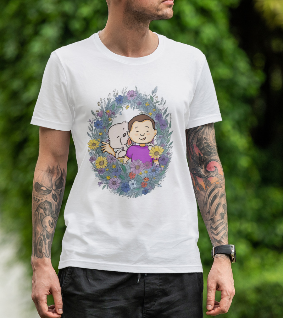 Dog Dad Cartoon Embrace In Floral Frame T-Shirt