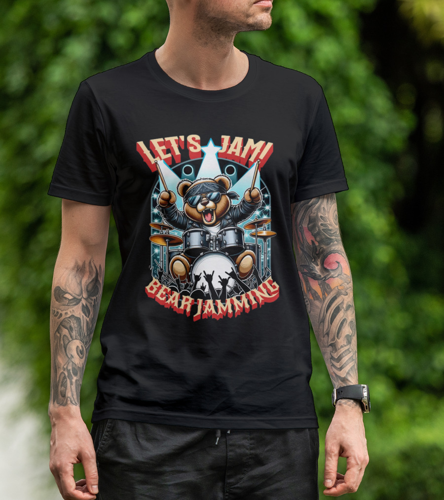Let's Jam Bear Jamming Rock Drummer Concert Stage Electric Bear T-Shirt