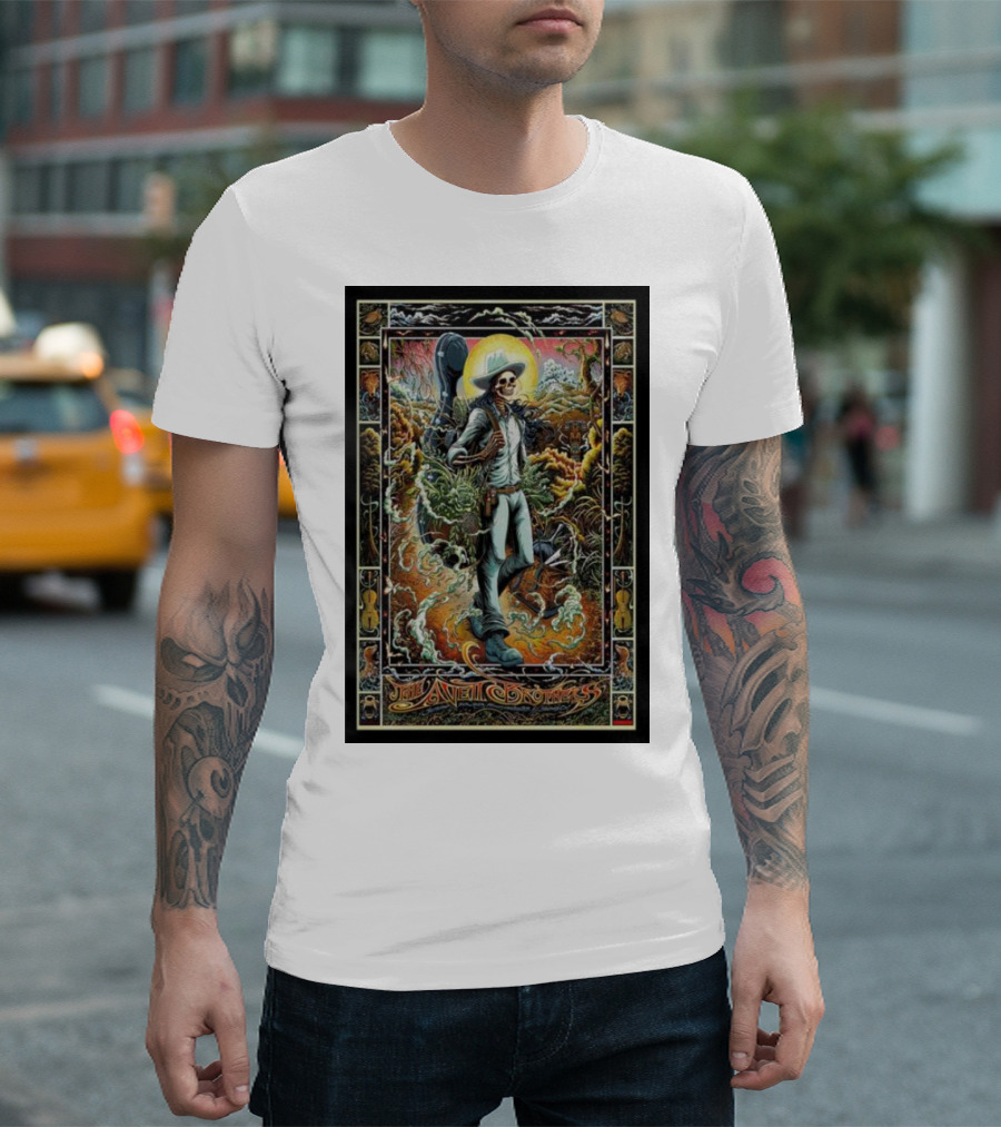 The Avett Brothers Skeleton Cowboy with Guitar and Sunburst Background Stanford T-Shirt