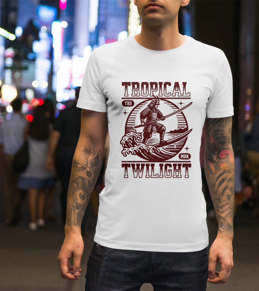 Tropical Twilight Surfing Samurai On Waves In Sunset Scene With TRD MRK T-Shirt