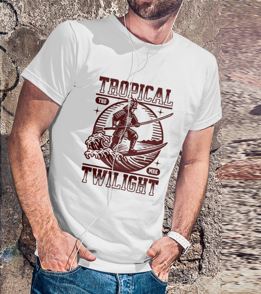 Tropical Twilight Surfing Samurai On Waves In Sunset Scene With TRD MRK T-Shirt