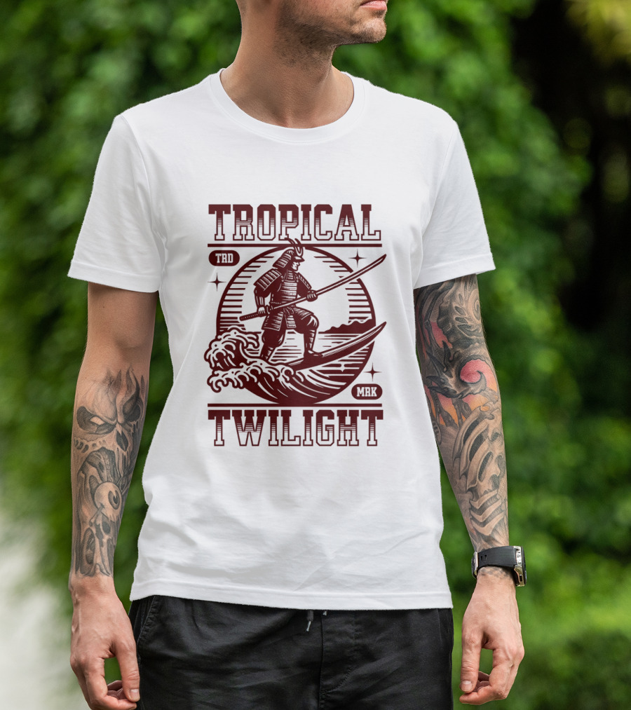 Tropical Twilight Surfing Samurai On Waves In Sunset Scene With TRD MRK T-Shirt
