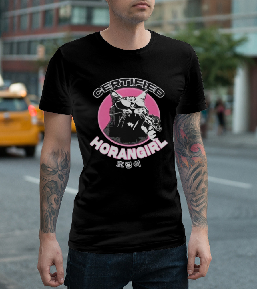 Certified Horangirl 호랑이 Cat with Sunglasses and Toy Gun in Pink Circle T-Shirt