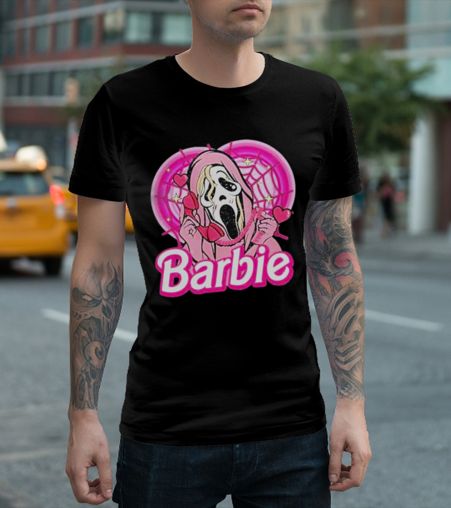 Barbie Horror Doll Ghost Face with Hearts and Pink Spiderwebs T-Shirt