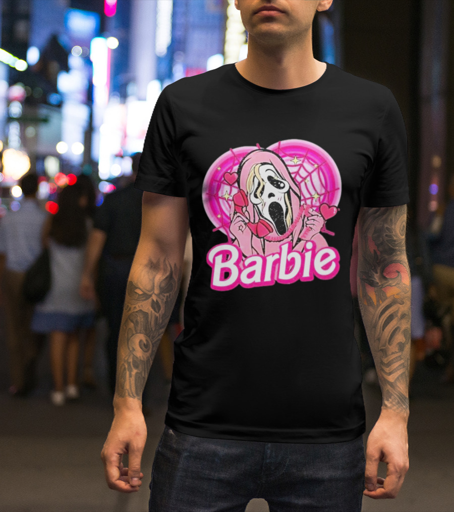 Barbie Horror Doll Ghost Face With Hearts And Pink Spiderwebs T-Shirt