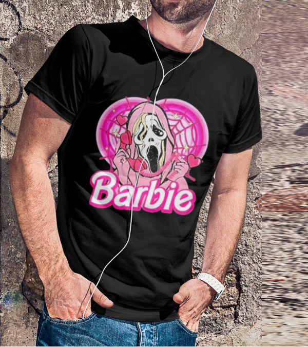 Barbie Horror Doll Ghost Face With Hearts And Pink Spiderwebs T-Shirt