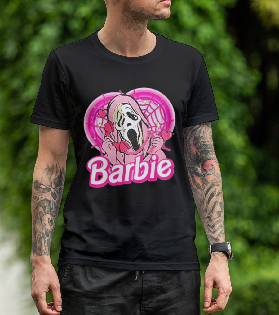 Barbie Horror Doll Ghost Face With Hearts And Pink Spiderwebs T-Shirt