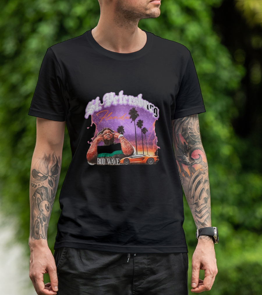 St. Petersburg Florida Rod Wave Purple Sunset Orange Car Palm Trees T-Shirt