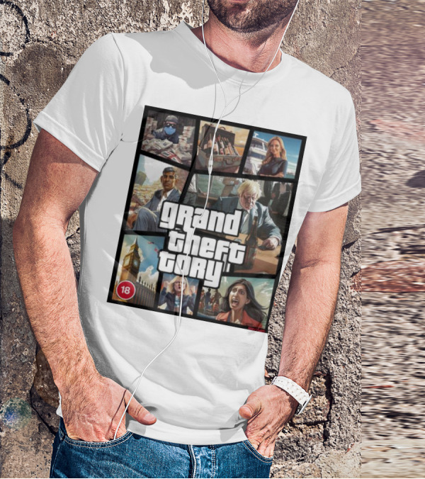 Grand Theft Tory GTA Big Ben Crime Drama 18+ Rating T-Shirt