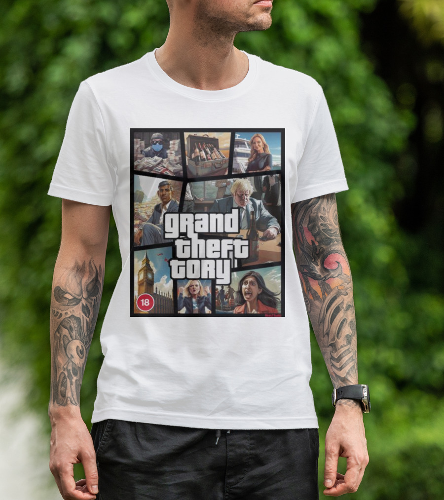 Grand Theft Tory GTA Big Ben Crime Drama 18+ Rating T-Shirt