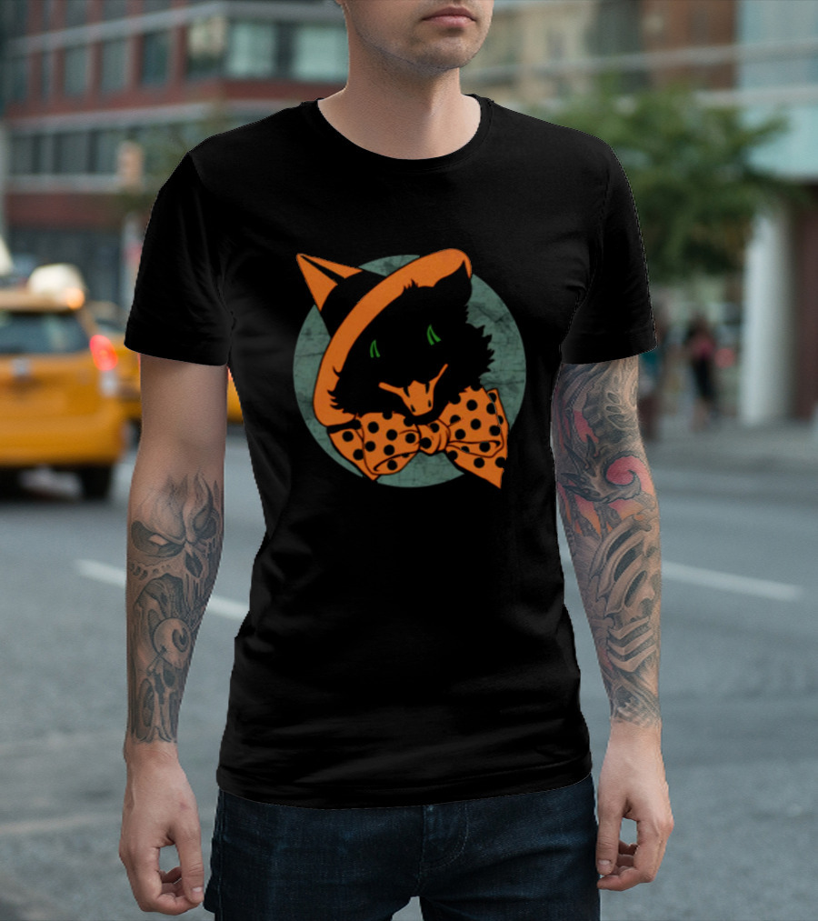 Vintage Halloween Black Cat Witch Hat Polka Dot Bowtie T-Shirt