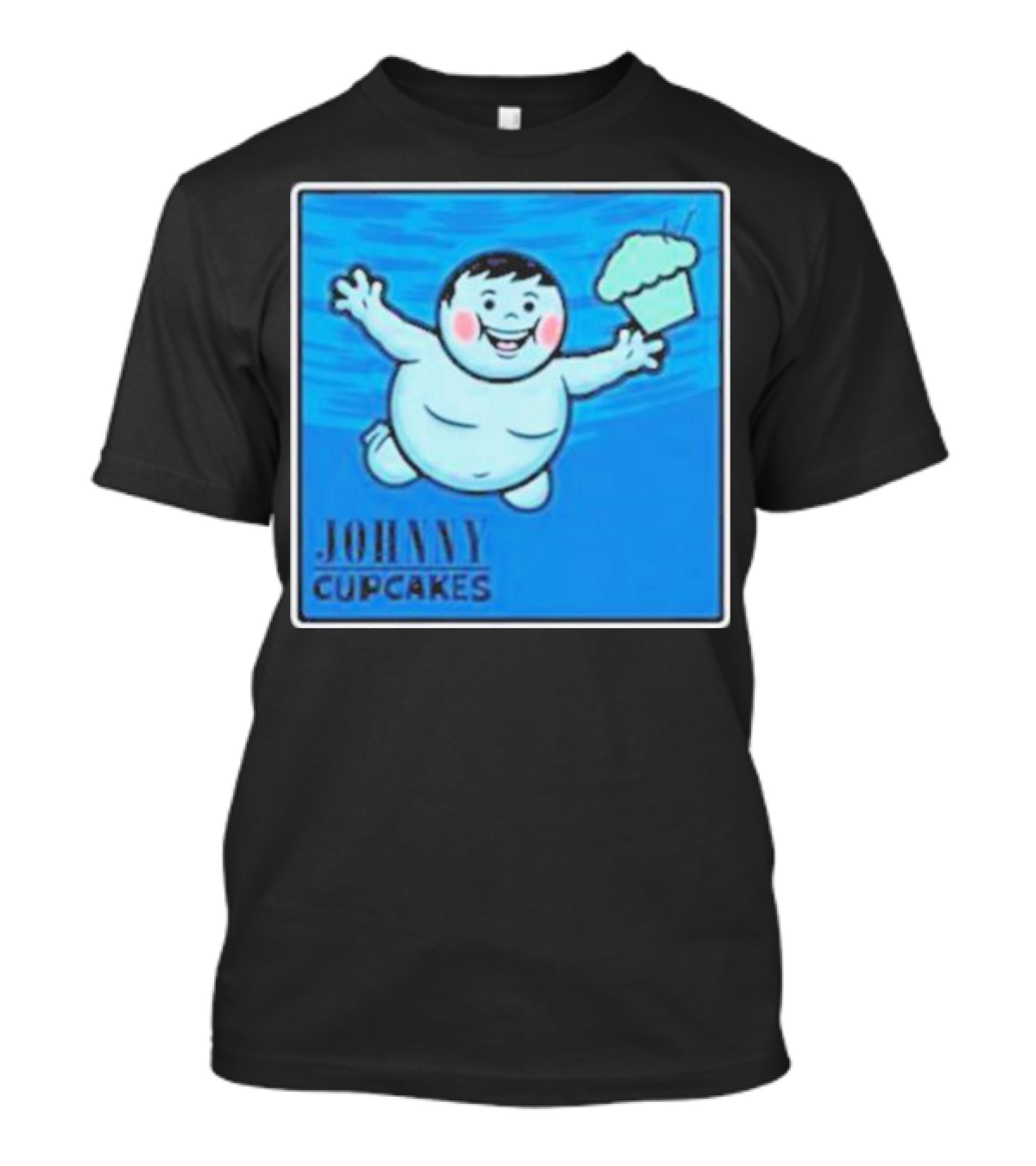 James Gunn Johnny Cupcakes Childlike Figure With Cake Blue Background T-Shirt
