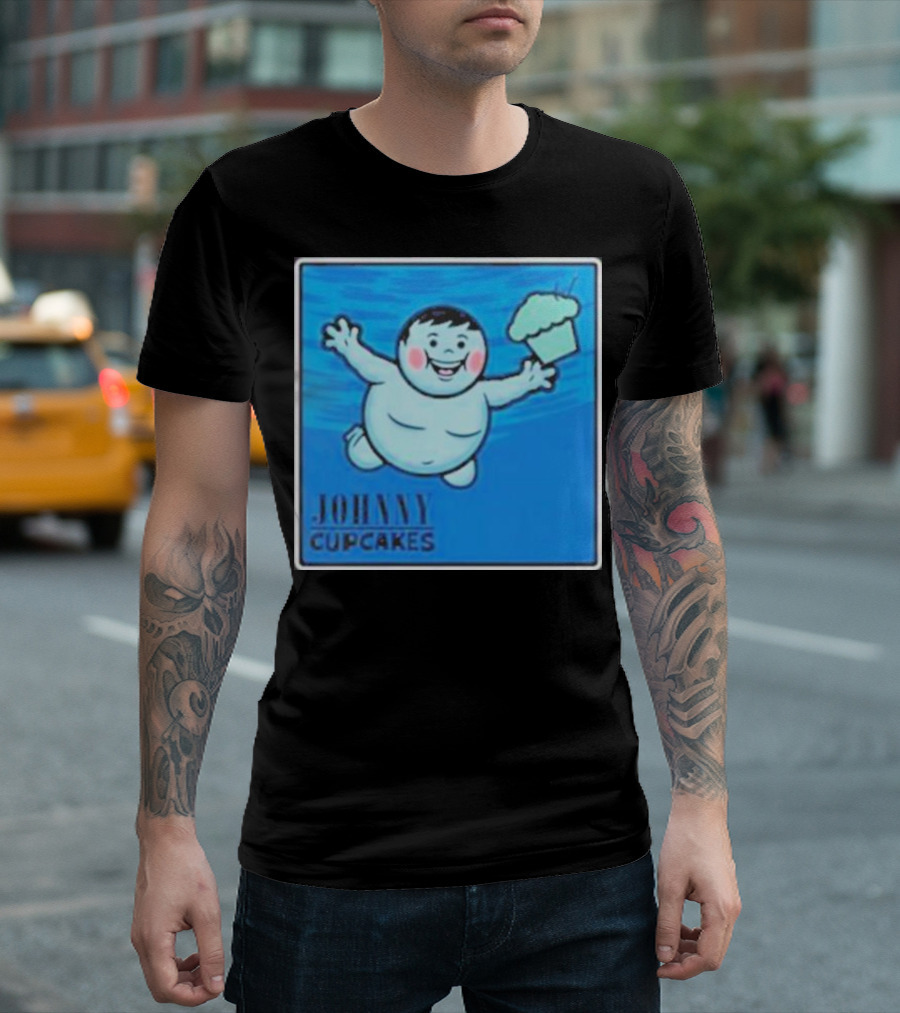 James Gunn Johnny Cupcakes Childlike Figure With Cake Blue Background T-Shirt