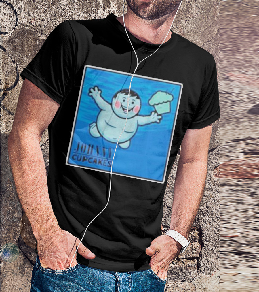 James Gunn Johnny Cupcakes Childlike Figure With Cake Blue Background T-Shirt