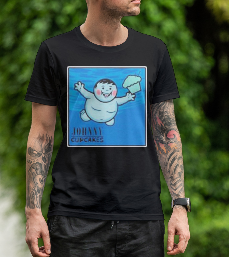 James Gunn Johnny Cupcakes Childlike Figure With Cake Blue Background T-Shirt