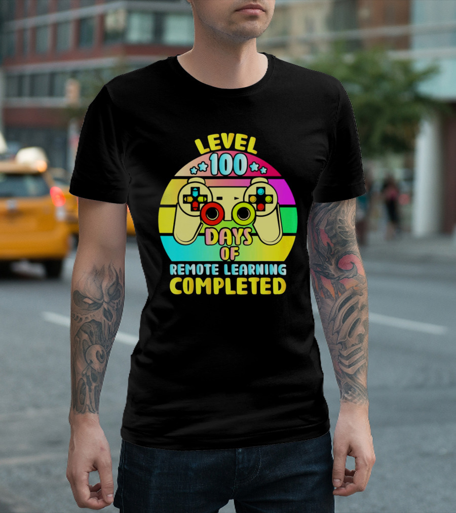Level 100 Remote Learning Completed Vintage Gaming Controller Retro Rainbow T-Shirt