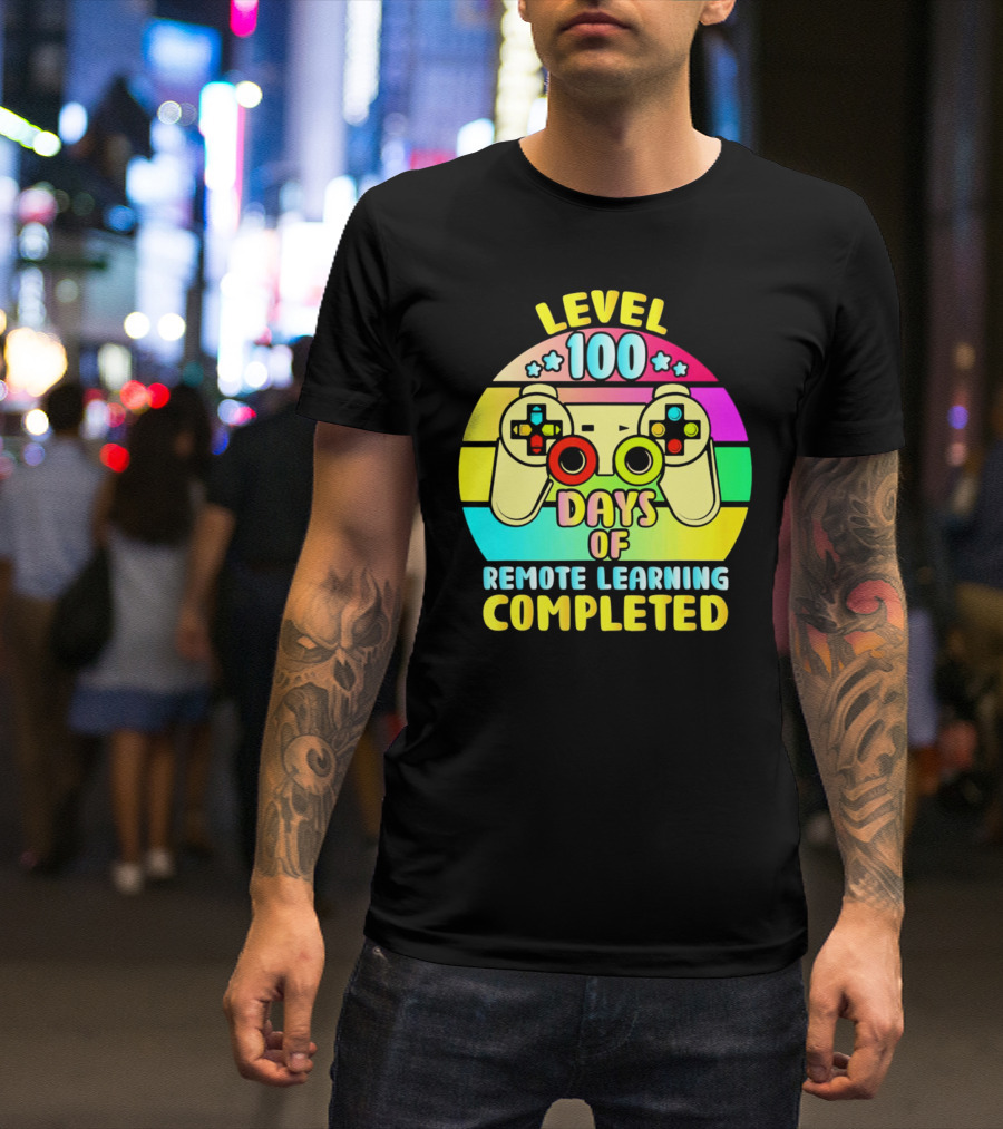 Level 100 Remote Learning Completed Vintage Gaming Controller Retro Rainbow T-Shirt