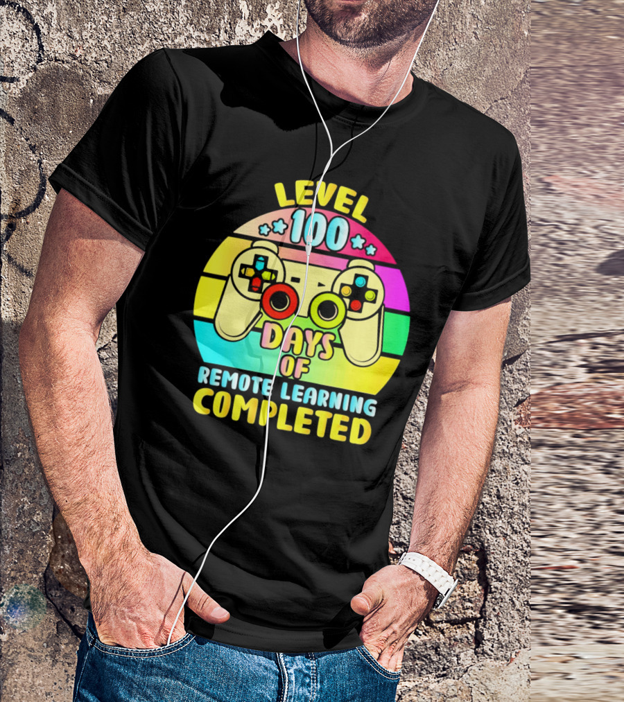 Level 100 Remote Learning Completed Vintage Gaming Controller Retro Rainbow T-Shirt