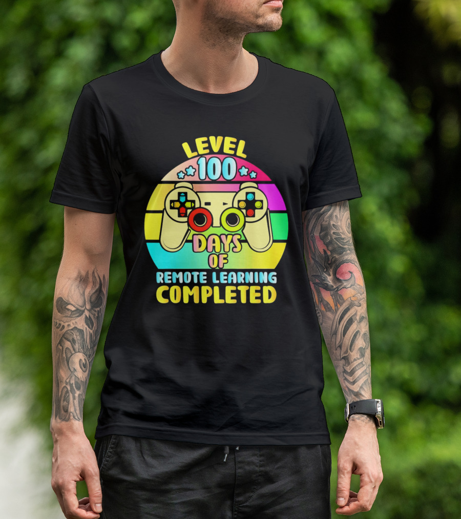 Level 100 Remote Learning Completed Vintage Gaming Controller Retro Rainbow T-Shirt