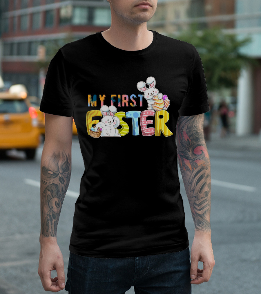 My First Easter Baby Boy Easter Bunny with Colorful Eggs and Bunnies T-Shirt