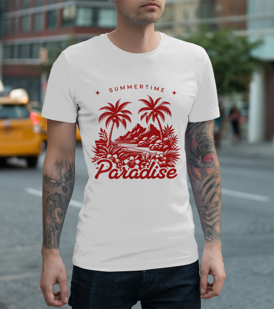 Summertime Paradise Palm Trees and Mountains Landscape T-Shirt