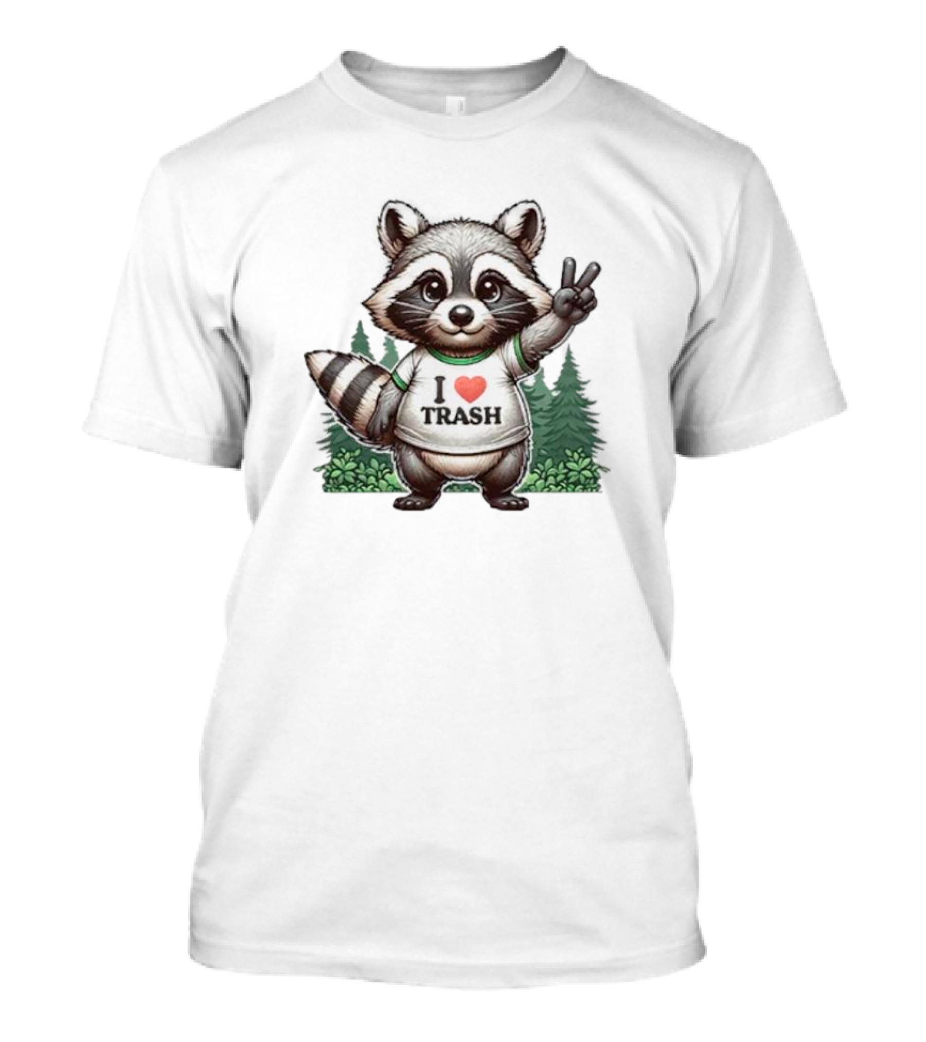 I Heart Trash Raccoon Peace Sign Forest Background T-Shirt